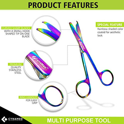 Cynamed Suture Stitch Scissors with Multicolor/Rainbow Titanium Coating - Premium Quality Instrument- Delicate Hook - Perfect for Suture Removal, First Aid, EMS Training and More (4.5 in. - Curved) - style: Curved Hook