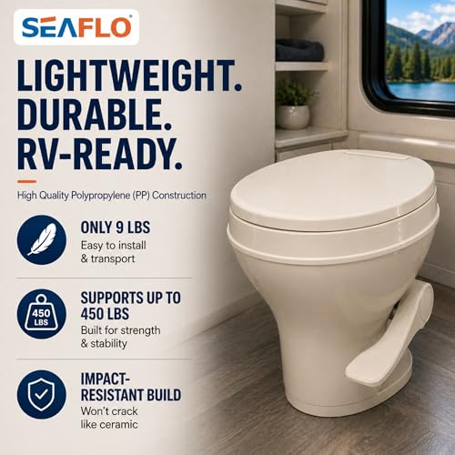 SEAFLO Bone RV Toilet, Residential Height 18.4", Gravity Flush Foot Pedal, Soft Close Seat, Camper Toilet for RV Motorhome Travel Trailer, Parchment, SFRTPH-02-01, 4-Year Warranty - color: Bone