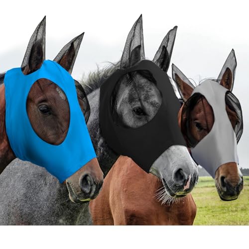 Weewooday 3 Pcs Horse Fly Mask with Ears UV Protection Full Face Fly Masks for Horses Elastic Smooth Breathable Comfortable Fit for All-Day(L,Black, Gray, Blue) - color: Black, Gray, Blue, size: L