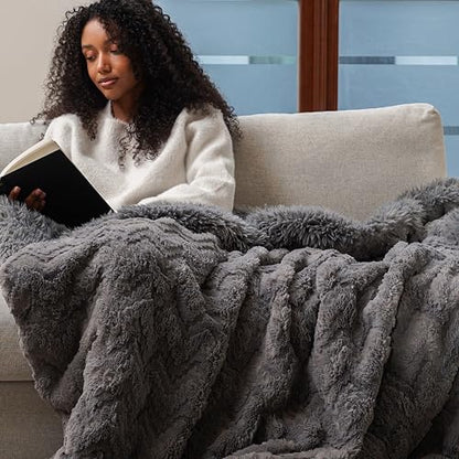 Mon Chateau 60" x 70" Hearthside Faux Fur Throw Blanket, Fog Stone Jacquard | Cozy Layer Comfort For Couch, Bed Or Chair. Lightweight Polyester Fabric With Easy Machine Wash Care - color: Fog Stone Jacquard