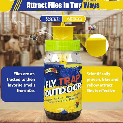 3 Reusable Fly Traps Outdoor Bottles, Fly Killer Catcher Jar with 6 Bait | Flies Bug Insect Trap Control Outdoor Hanging for Outside Barns, Stable, Farm, Patio, with Natural Bait Refills Lure - size: 3 pack
