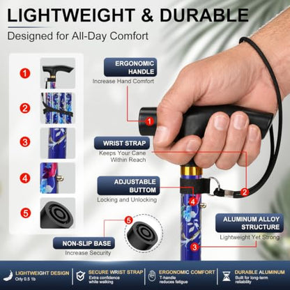 supregear Folding Cane, 5-Level Adjustable Height Walking Stick Lightweight Collapsible Portable Travel Cane with Wrist Strap and T Handle for Elderly Disabled Men Women - color: Dark Blue Floral