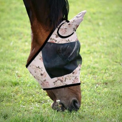 Jeffers Equine Deluxe Mesh Horse Fly Mask w/Ears, Oversize - Breathable Fly Protection Mask, Soft Mesh, Fleece Trim, Stretch Fit, Hook & Loop Closure, UV Protection, Horse Face Cover - Rose Garden