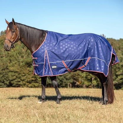 Jeffers Poplar Head Origin 600 Denier Turnout Blanket | 240 Gram Polyfill | Waterproof, Breathable, Horse Blanket for Cold Weather | Navy with Star Print, Adjustable Straps, Fits 84" - size: 84 in