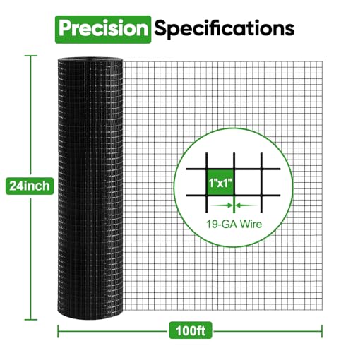 Black Hardware Cloth 24 in x 100 ft, 1 Inch Hardware Cloth, 19 Gauge Vinyl-Coated Steel 1x1 Welded Wire Mesh Roll for Chicken Wire Fencing, Chicken Coop, Garden Fence, Rabbit Fence and Catio - size: 1"x1" 19GA 24"x100'
