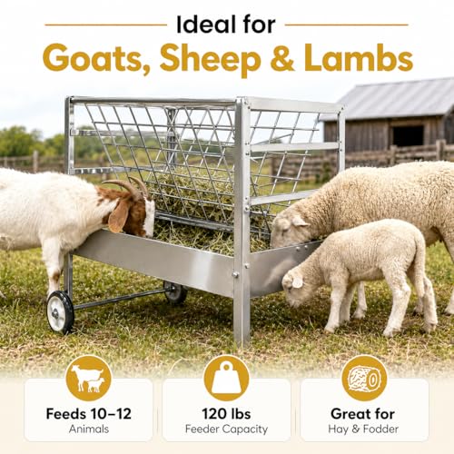 Portable Goat Feeder – Rolling Galvanized Steel Frame, 2 in 1 Hay & Grain Feeder, 30 Lb Unit Weight, Livestock Feeder with Wheels, Great for Sheep, Alpaca & Cattle