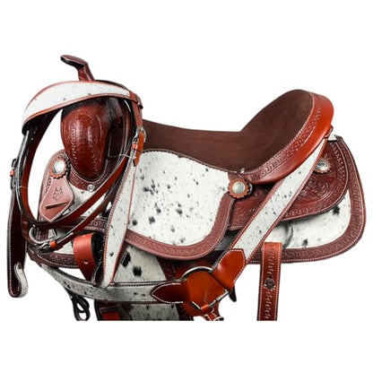 Western Barrel Saddle Set Brown Genuine Leather Hair On Cowhide Hand Tooled Horse Saddle with Headstall, Breast Collar & Reins for Trail Riding, Rodeo, Ranch & Pleasure, 8-17 Inch - size: 8 Inch