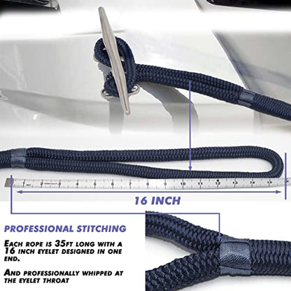 2 Pack Premium Navy Blue Dock Lines - 15' / 25'/35' with Eyelet.Double Braided Nylon Dock Line/ - size: 5/8" x 35 FT
