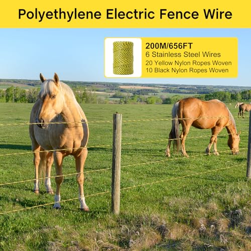 MorningRo 656ft Electric Fence Polywire with 50 Yellow Electric Fence Insulator, 6 Steel Strands Polywire for Reliable Conductivity and Rust Resistance High Conductivity for Garden Farm