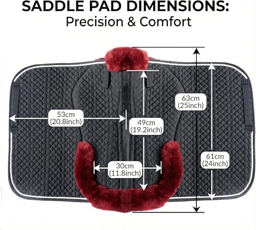 Woolous Dressage Saddle Pad, English Saddle Pad with Sheepskin Trim, Lambskin Wool Fleece Lining, Square Saddle Pad for Equestrian Riding, Comfortable & Shock Absorbing - color: Black/Red