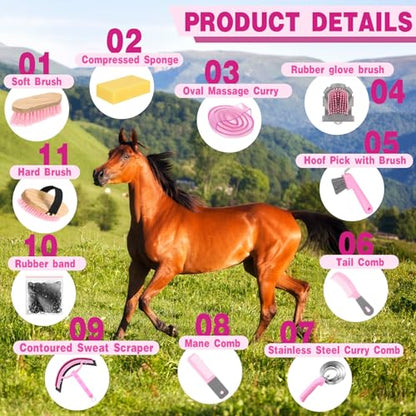 Abbylike 12 Pieces Horse Grooming Kit Equine Care Brushes, Pink and Grey - color: Gray