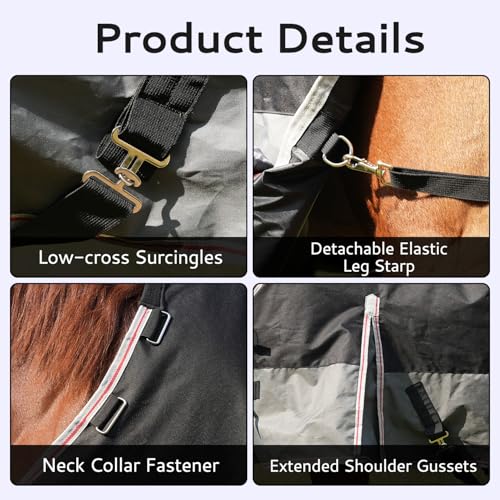 Equoray Horse Rug Fly Sheet Waterproof Rainproof Breathable Turnout Blanket Lightweight Polyfill for Cool Weather Perfect for Spring, Fall & Mild Winter, Black/Grey