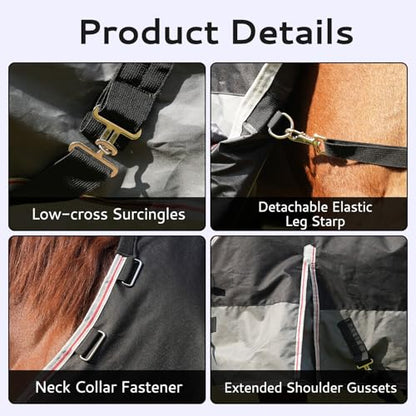 Equoray Horse Rug Fly Sheet Waterproof Rainproof Breathable Turnout Blanket Lightweight Polyfill for Cool Weather Perfect for Spring, Fall & Mild Winter, Black/Grey