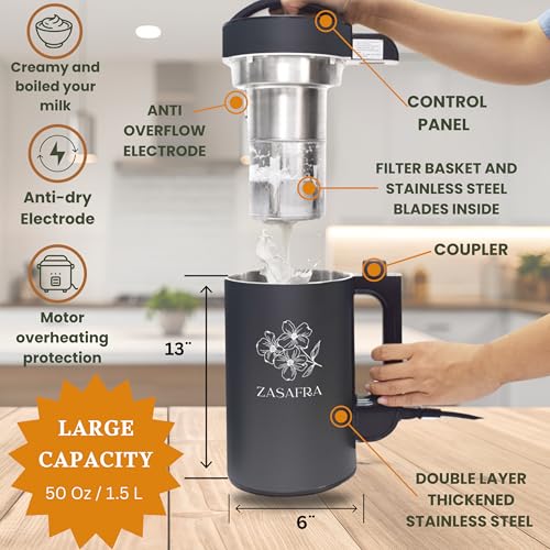 8-in-1 Nut Milk Maker Machine, 50oz/1.5L Almond Milk Maker with Built-In Strainer (No Mesh Bags), Stainless Steel Blender for Vegan Oat, Soy, Cashew & Pistachio Milk, Soups & Smoothies
