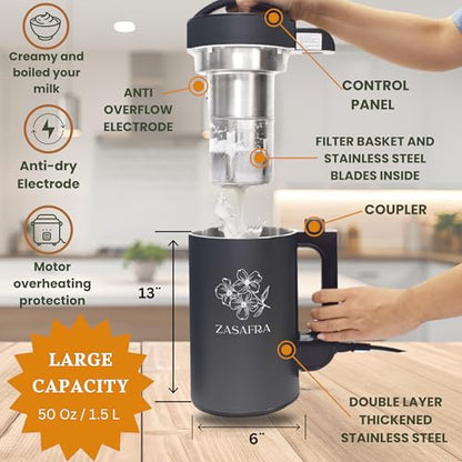 8-in-1 Nut Milk Maker Machine, 50oz/1.5L Almond Milk Maker with Built-In Strainer (No Mesh Bags), Stainless Steel Blender for Vegan Oat, Soy, Cashew & Pistachio Milk, Soups & Smoothies