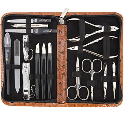 3 Swords Germany – manicure pedicure set kit (141) - color: SYNTHETIC LEATHER - OSTRICH BROWN