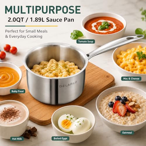 DELARLO Full-body Clad Tri-ply Stainless Steel 2 Quart Saucepan with Lid - color: Silver, size: 2 Quarts