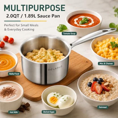 DELARLO Full-body Clad Tri-ply Stainless Steel 2 Quart Saucepan with Lid - color: Silver, size: 2 Quarts