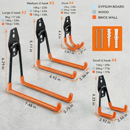 12 Pack Heavy Duty Garage Hooks, Steel Wall Mount Utility Hooks with Anti-Slip Coating, Storage Organizer for Hanging Ladders, Bikes, Power & Garden Tools, Hose, Ropes and Bulk Items-Orange