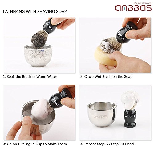 Anbbas Pure Badger Bristles Shaving Brush Black Wood Handle and Refill Soap Bar 100g,Stainless Steel Shaving Stand and Soap Cup Kit Perfect for Men | and Soap Bowl Stand Good Water Absorption Skin Friendly Lather No Shedding Easy To Clean Morning Personal