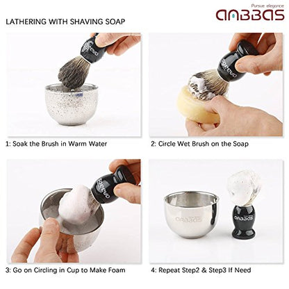 Anbbas Pure Badger Bristles Shaving Brush Black Wood Handle and Refill Soap Bar 100g,Stainless Steel Shaving Stand and Soap Cup Kit Perfect for Men | and Soap Bowl Stand Good Water Absorption Skin Friendly Lather No Shedding Easy To Clean Morning Personal
