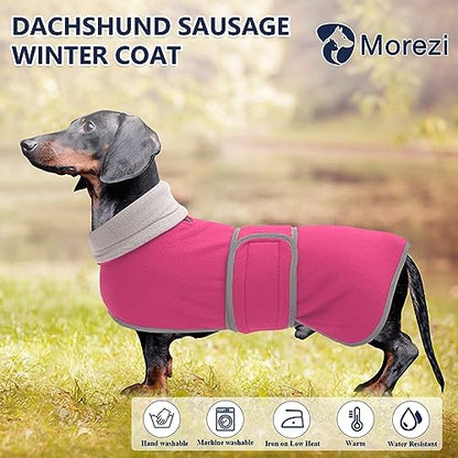 Dachshund Coats Sausage Dog Fleece Coat in Winter Miniature Dachshund Clothes with Hook and Loop Closure and high vis Reflective Trim Safety - Pink - M - color: Pink, size: Medium(Back: 17"-18"in)