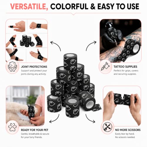 Latex Free Self Adhesive Bandage Wrap - 2 Inch x 5 Yards, 24 Pack - color: Black, size: 24 Count (Pack of 1)