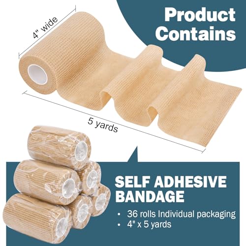 AZEN 36 Pack Self Adhesive Bandage Wrap, 4" X 5 Yards Elastic Cohesive Bandage Wrap, Skin Color Athletic Tape, Ankle Tape, Tattoo Grip Tape Wrap, Vet Wrap - color: Beige, size: 4IN - 36Pack