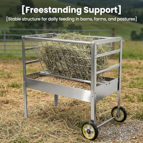 Galvanized Steel Feeder, 2 in 1 Livestock Feeder for Goats Sheep Lambs, Mobile Livestock Feeder with Built-in Wheels