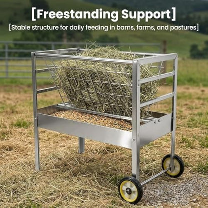 Galvanized Steel Feeder, 2 in 1 Livestock Feeder for Goats Sheep Lambs, Mobile Livestock Feeder with Built-in Wheels
