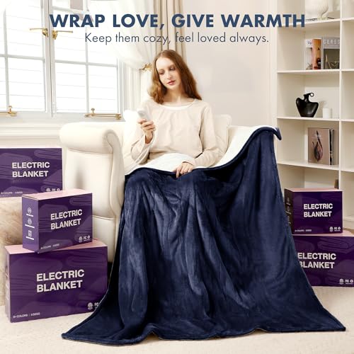Heated Throw Navy, Ultra Soft Flannel Sherpa, Gift for Grandma - color: 07 - Navy, size: Throw - 50" x 60"