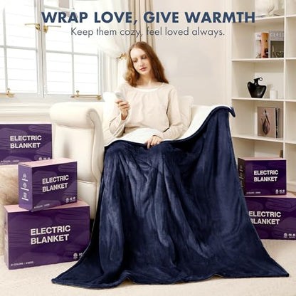 Heated Throw Navy, Ultra Soft Flannel Sherpa, Gift for Grandma - color: 07 - Navy, size: Throw - 50" x 60"
