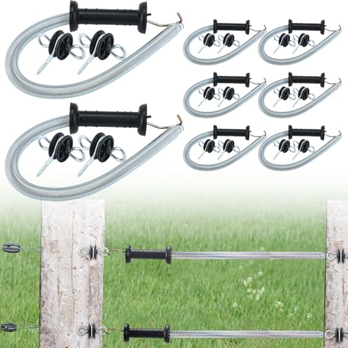 Hicarer 8 Set Electric Fence Gate Kit with Spring Handles & Screw-in Ring Insulators, 16ft Retractable Tension Spring for Farm, Ranch, Garden, Heavy Duty Black Electric Fencing Accessories for Safety