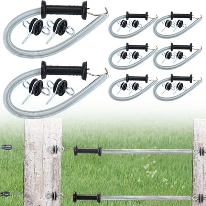 Hicarer 8 Set Electric Fence Gate Kit with Spring Handles & Screw-in Ring Insulators, 16ft Retractable Tension Spring for Farm, Ranch, Garden, Heavy Duty Black Electric Fencing Accessories for Safety