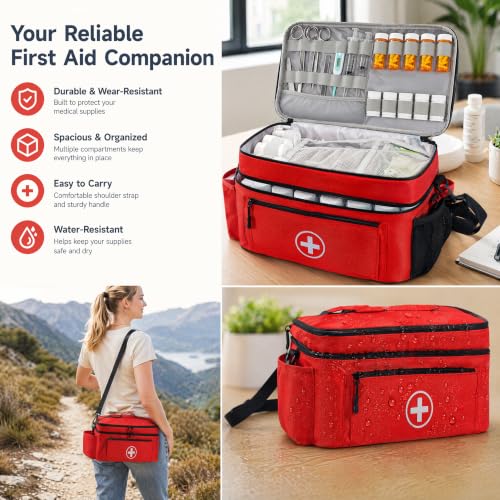 Medicine Organizer and Storage Bag Empty, Family First Aid Box, Pill Bottle Organizer Bag for Emergency Medication, Supplements or Medical Kits, Zippered Medicine Bag for Home and Travel (Red)
