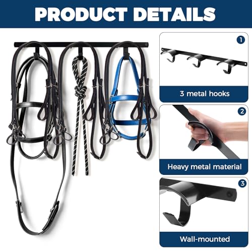 2PCS Horse Tack Bridle Hooks 3 Spot Wall Mounted Bridle Rack with Hook | Metal Horse Bridle Rack Stall Hanger Space-Saving Design Ideal for Hanging Horse Bridles, Halters, Reins