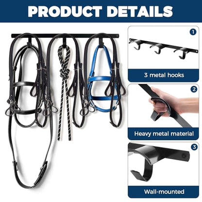 2PCS Horse Tack Bridle Hooks 3 Spot Wall Mounted Bridle Rack with Hook | Metal Horse Bridle Rack Stall Hanger Space-Saving Design Ideal for Hanging Horse Bridles, Halters, Reins