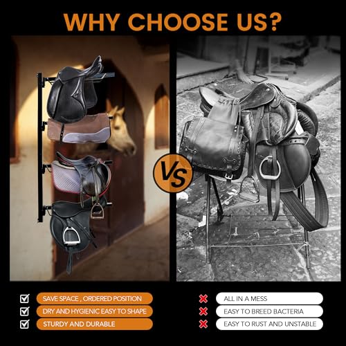 Seny 4 Tier Heavy Duty Horse Saddle Wall Mount Rack, Equestrian Saddle Storage Organizer for Ponies and Horses, Black