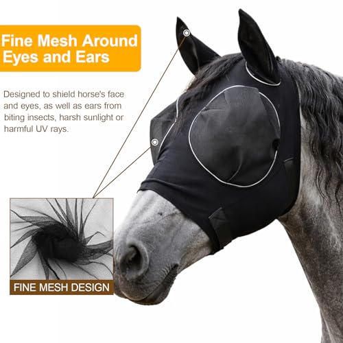 Fly Mask for Horses, Fly Masks for Horses Protection During Summer Turnout, Trail Riding in Bug-Prone Areas, Lycra Fabric with 40 Mesh Count K080 Screen for Enhanced Airflow