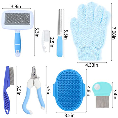 VCZONE Small Animal Grooming Set: Pet Nail Clipper & File, Flea Comb, Shampoo Brush, Shedding Slicker Brush, Massage Glove, Cleaning Comb (Blue) - color: Blue