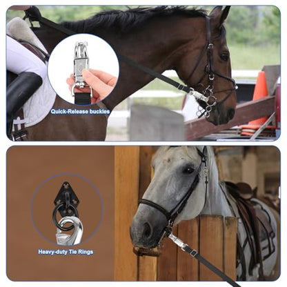 2pcs Nylon Cross Ties for Horses, Adjustable from 43.3" to 80.3" Horse Trailer Tie Straps with Panic Snap & Bull Snap Durable Horse Supplies with Tie Rings & Screws for Stables Fences (Black)