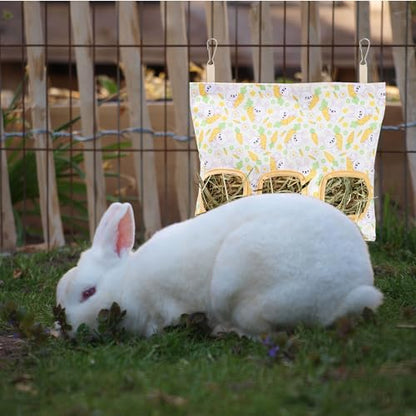 Lesnala 2 Pcs Canvas Hanging Bunny Hay Feeder Bags 3 Holes 2 Styles | Rabbit hay feeder Bag, Guinea Pig Hay Bag, Large Capacity Cotton Canvas Fabric, for Chinchillas Hamsters & Other Small Pets - color: Rabbit pattern
