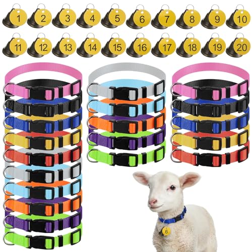 20 Pack Goat Collars with Bells, Adjustable Nylon Collar Set