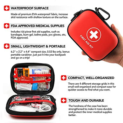 Mini First Aid Kit, 100 Pieces Water-Resistant Hard Shell Small Case - Perfect for Travel, Outdoor, Home, Office, Camping, Hiking, Car (Red) - color: Red