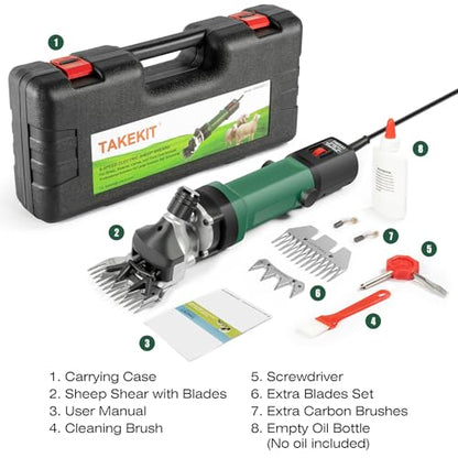 TAKEKIT Sheep Shears, 600W Professional Heavy Duty Sheep Clippers, 6 Speeds Electric Animal Shears for Alpacas Llamas Lambs and Large Livestock with Thick Coats, One Set of Extra Blades Included - color: Dark Green