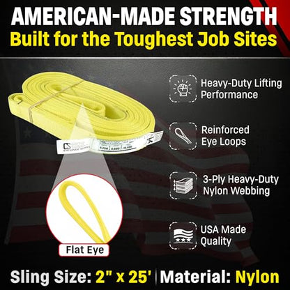 2" x 25' Nylon Lifting Web Sling – USA Made, 8,200 lb Vertical, 6,600 lb Choker, 16,400 lb Basket – 3 Ply Heavy Duty 900 Webbing, Type 3 Flat Eye & Eye Rigging Sling (2" x25') - size: 2"x25'