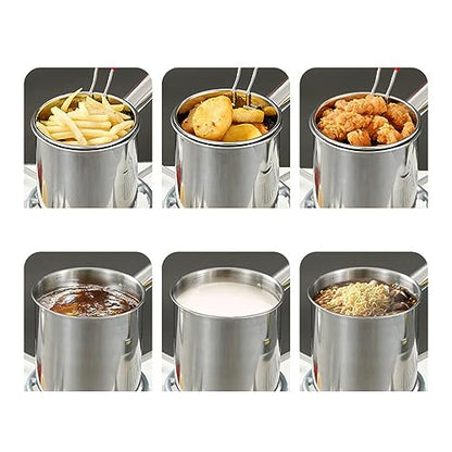 Stainless Steel Deep Fryer Pot Small Deep Fryer Pot Multifunction with Strainer Basket Butter Warmer Pot Milk Pan for Home Restaurant, Burner Rack 1.2L