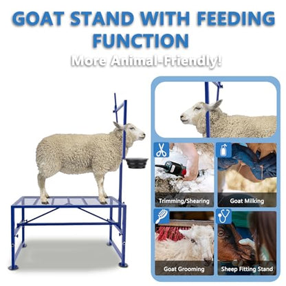 600 LBs Goat Stand with Feed Bin, Goat Milking Stand for Sheep Trimming and Milking, Hoof Trimming Stand Adjustable Size, with Feeder, Iron Blue - color: Blue, size: L - 47 inch