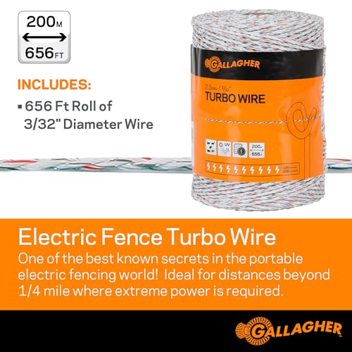 Gallagher Electric Fence Turbo Polywire | 9 Mixed Metal Strands for 40x More Conductivity and Extreme Power | Ideal for Long Portable Fences | UV, Rust Resistant | 3/32" Diameter Polywire | 656 Foot