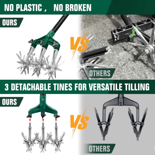 Altdorff Rotary Cultivator Garden Tool for Gardening and Lawn(61''), Rotary Hand Tiller with Detachable Thicker Tines&Sturdy Steel Handle, Manual Tiller Cultivator for Soil or Reseeding Grass
